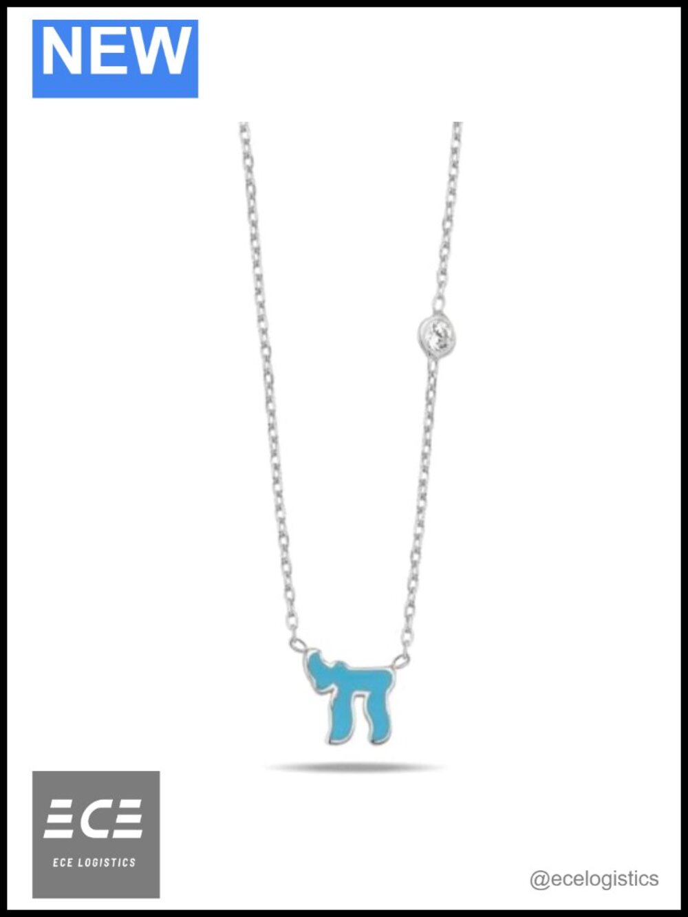 Sterling Silver 925 Blue Enamel Chai Necklace CZ Bat Mitzvah Gift